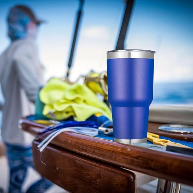 DOMICARE 30 oz Tumbler with Lid and Straw, Stainless Steel Tumblers Bulk, Insulated Vacuum Double Wall Travel Coffee Mug, Durable Powder Coated Tumbler Cups (Dark Blue, 12)