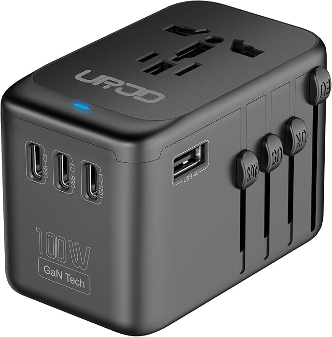 Universal Travel Adapter 100W GaN Fast Charger in One, 4 USB C & 1 USB A & AC Outlet, International Power Plug Adapter with EU UK US AUS Plugs for 180+ Countries