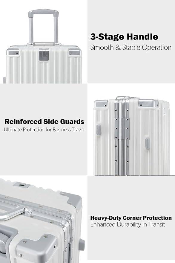 HotWay 24 Inch Aluminum Frame Luggage with Spinner Wheels, PC Hard Shell Suitcase with Cup Holder, Zipperless Luggage for Business Travel, White