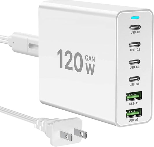 USB C Fast Charger Block, 120W GaN 6 Port(6x20W) Type C PD Charger, USBC Charging Station Hub Power Adapter Plug 【4 USB C + 2 USB A】 Compatible with iPad/iPhone 16/15/14/13/12/11/Pixel/Galaxy S23