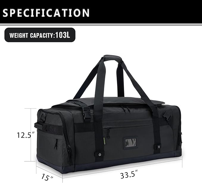 Large Duffle Bag for Travel - Men & Women, Foldable Gym Duffle Backpack, Heavy Duty Tactical Military Canvas Duffel Bags, Extra Big Carry On with Shoe Pockets, Waterproof (80L/103L)