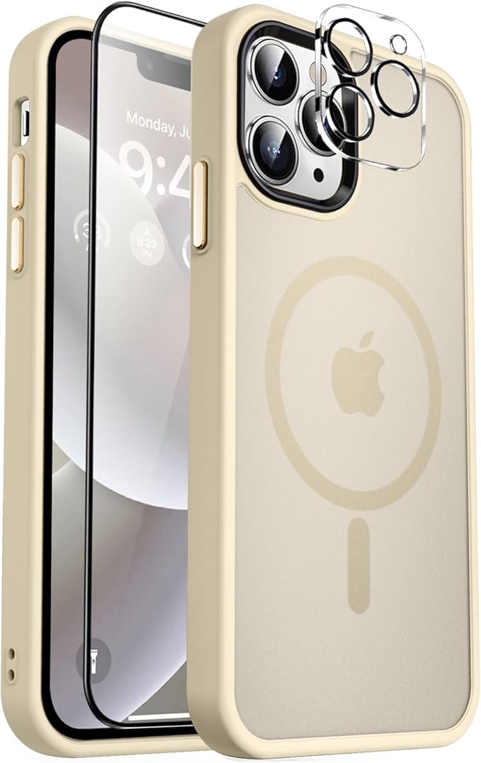 MOCCA Strong Magnetic for iPhone 12 Pro Max Case,[Compatible with Magsafe][Glass Screen Protector+Camera Lens Protector] Slim Thin Shockproof Cover Phone Case for iPhone 12 Pro Max 6.7", Light Gold