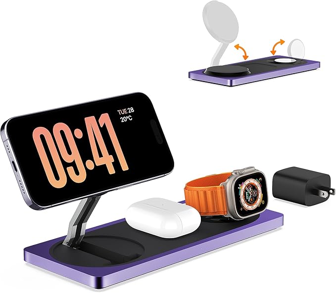 PETINO Mag-Safe Charger Stand, 3-in-1 Magnetic Wireless Charging Station for Apple Devices, iPhone 15/14/13/12 Series, Apple Watch, AirPods Pro (Purple)
