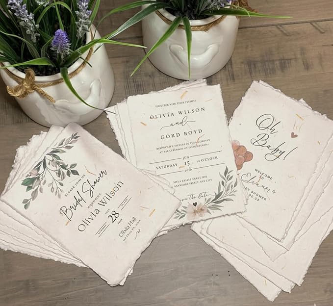 Wanderings Handmade Cream Deckle Edge Blank Paper with Straw - 4x6 - Pack of 50 - Watercolour/Mixed Media Paper - Save The Date Invitations Greeting Cards Notes DIY Arts Crafts - Thick 150 GSM