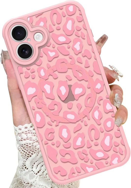 KANGHAR Case for iPhone 16 Pink Leopard Printed Pattern Cute Cheetah [Compatible with Magsafe] Protective Magnetic Case for Girls Women 6.1"