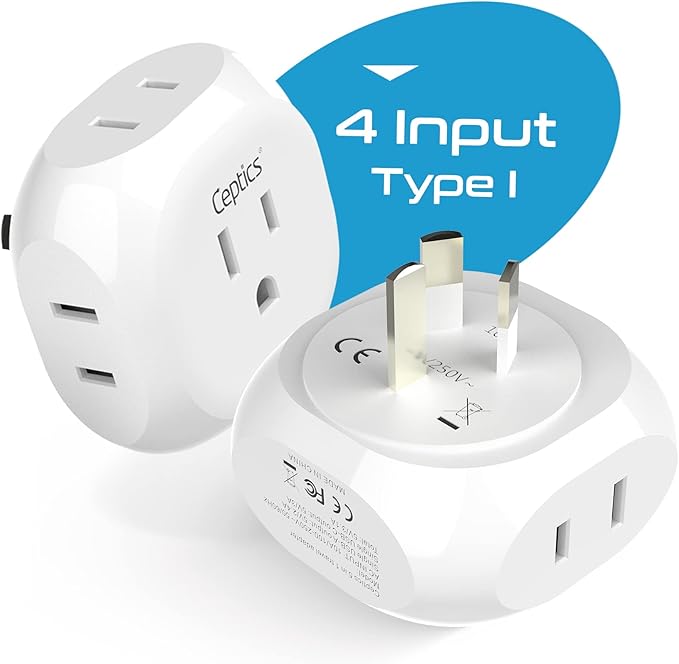 Ceptics Australia, New Zealand, China Travel Plug Adapter by - 4 Input - USA to Any Type I Countries Such as New Zealand, Argentina and More - 4 Pack (PT-16), White (PT-16-4PK)