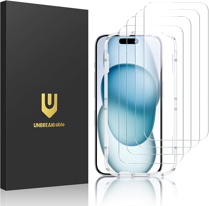 UNBREAKcable 4-Pack Screen Protector for iPhone 15, Tempered Glass | 9H Hardness | Double Shatterproof | 99.99% HD Clear | Case Friendly | Easy Installation Frame | For 6.1 inch iPhone