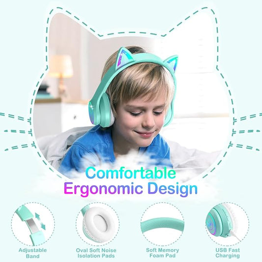 LOBKIN Bluetooth 5.4 Kids Headphones with Case - RGB LED Light Up Cat Ears Foldable Adjustable Over Ear Headphone Support Wireless or 3.5mm Wired Mode for Toddler & Girls & Boys Teens