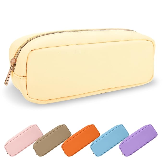 Small Pencil Case Makeup Bag for Purse, Cute Preppy Nylon Makeup Brush Bag with Zipper, Girls Portable Stationery Storage Case for Office School College (Slim-Sand)