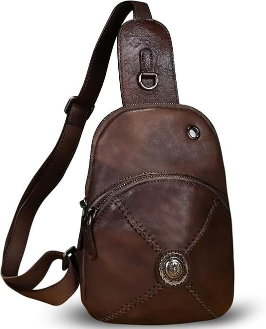 Genuine Leather Silng Bag for Women Small Vintage Leather Sling Backpack Fashion Shoulder Crossbody Bag Chest Purse