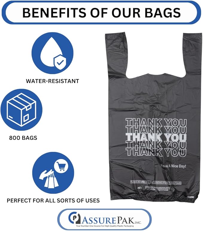 Easy Open - 800 Bags - Black Printed HDPE T-Shirt Bags - 1/6 BBL 11.5"X6"X21" - 13 microns - Black - Thank You Shopping Bags for Retail, Takeout, Restaurant Supplies – 208015STY-EO