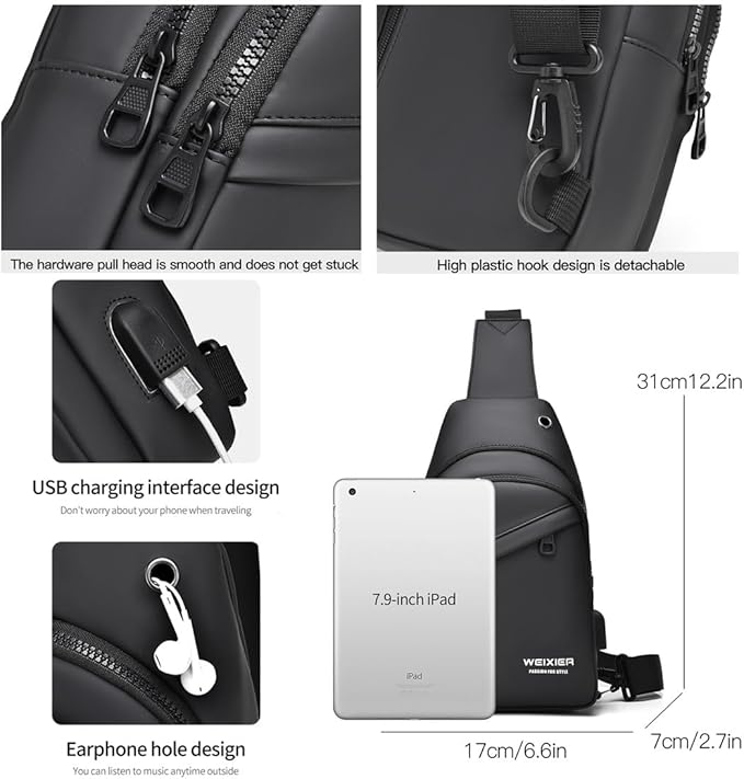 Waterproof Sling Bags Mens Shoulder Crossbody Backpack with USB Charging Port& Headphone,Outdoor Lightweight Bag