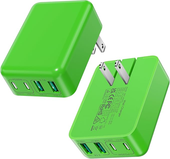 2Pack Slim Flat USB C Charger 40W Foldable Fast Charging Block 4Ports USB C Charger Block Cube Box Compatible with iPhone 16 Samsung, Pixel, Tablets, Multiport Power Adapter Plug Brick Christmas Green