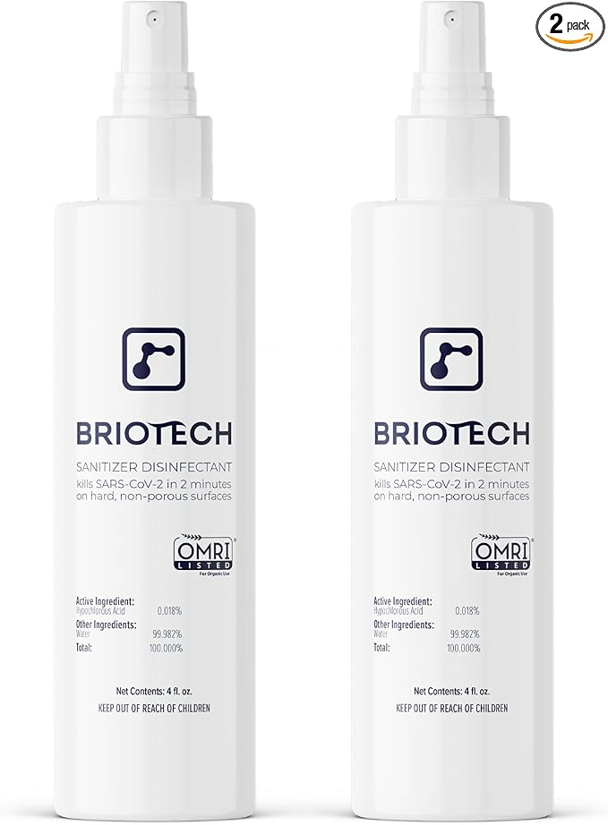 BRIOTECH Sanitizer Disinfectant Hypochlorous Spray, Kill 99.99% of Viruses & Bacteria, Control Mold, Eliminate Odor, Gentle for Nursery & Play Rooms, Food Contact Surface Sanitizer, 4 fl oz (2 Pack)