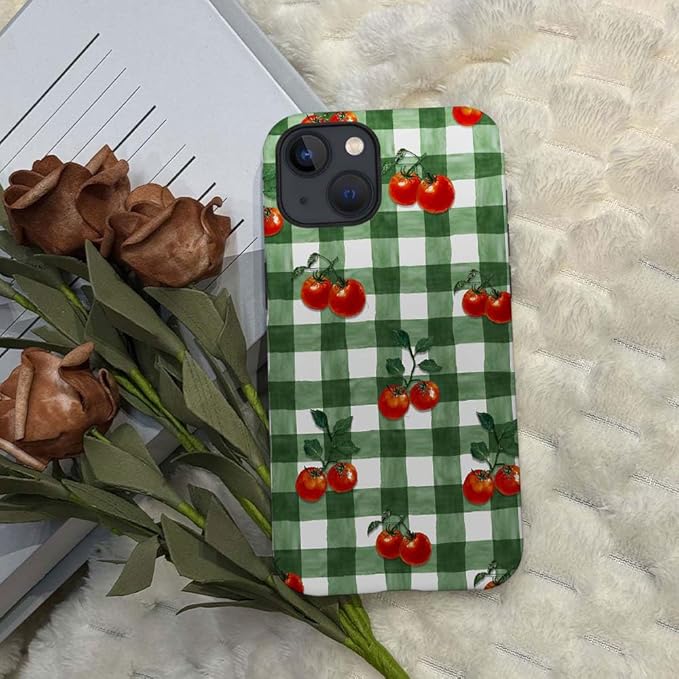 DAIZAG Case Compatible with for iPhone 13,Green Red Checkerboard Tomatoes Watercolor Phone Case for iPhone 13 for Girl Women Boy Men