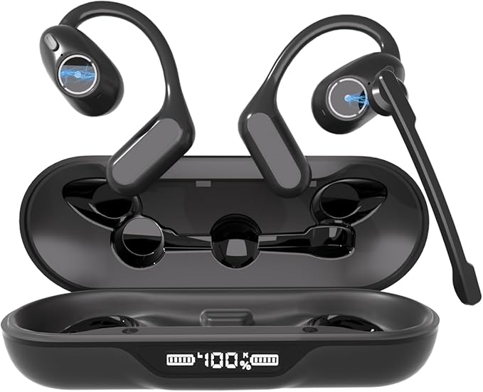 iDIGMALL Bluetooth 5.4 Headset w/Detachable Microphone, Open Ear Headphones w/DSP Noise Canceling Mic & Mute for Call, Multipoint Wireless Earbuds w/Charging Case for Office Home Work Driving Travel