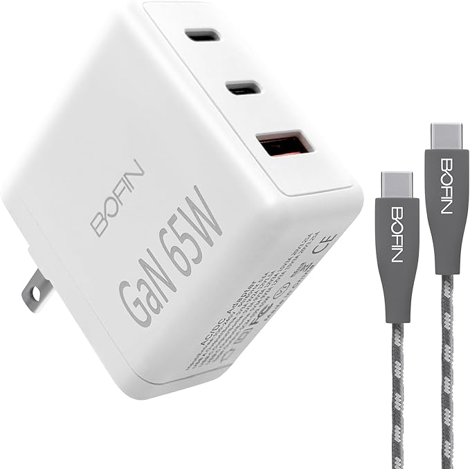 65W Foldable Plug Fast Charging Dual USB-C + USB-A Wall Charger with 6FT USB-C to UCB-C Cable, AC100~240V Input, Wall Charger Compatible with MacBook Pro/Air, Laptops, Tablets, iPhone