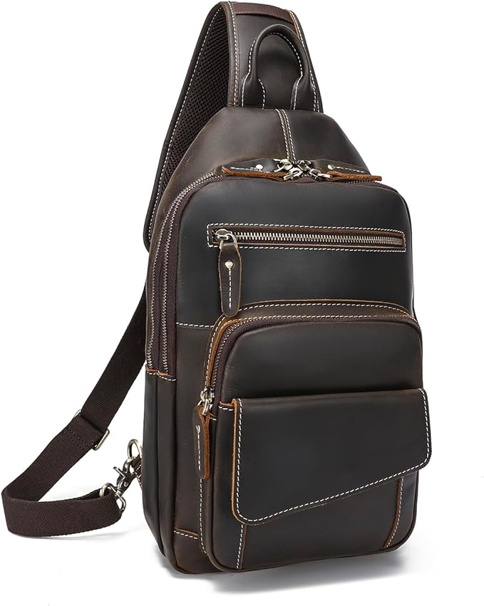 LANNSYNE Full Grain Leather Casual Sling Bag For Men Hiking/Travel/Business Crossbody Chest Bag Fits 12.9" iPad