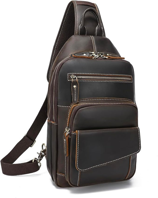 LANNSYNE Full Grain Leather Casual Sling Bag For Men Hiking/Travel/Business Crossbody Chest Bag Fits 12.9" iPad