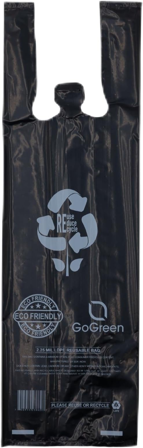 Black Reusable/Eco-Friendly LDPE T-Shirt - Single Bottle Bag 6"X4"X20" - 400 Bags - 57 Micron (2.25 mil) - Black - BLKLD40REC225REUSE6420