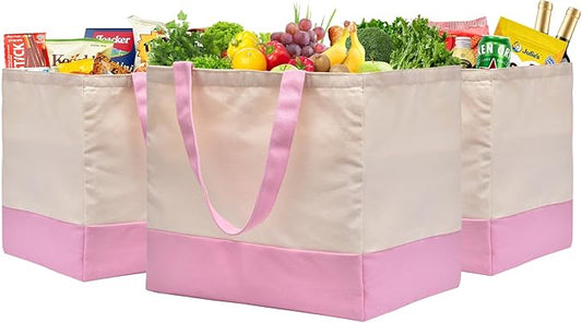 3 Pack Reusable Grocery Bags - Heavy Duty, 8.3 gal Foldable Large Canvas Tote Bag with Handles, Holds 60 lbs, Eco-friendly Bags with 5 Pockets, Pink+Off White