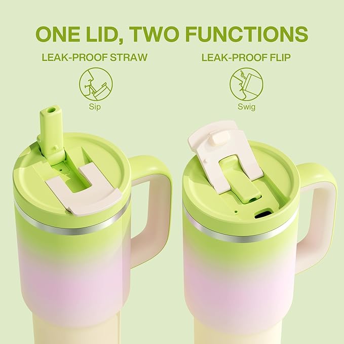 40 oz Tumbler with Handle and Straw: Stainless Steel Insulated Tumbler Keeps Cold for 24 Hours, Leakproof Travel Cup Fits in Cup Holder and BPA-Free, Morning Dew