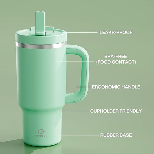 32 oz Tumbler with Handle and Straw: Stainless Steel Insulated Tumbler Keeps Cold for 24 Hours, Leakproof Travel Cup Fits in Cup Holder and BPA-Free,Brook Green