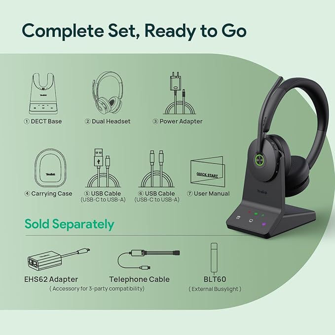 Yealink WH68 ANC DECT&Bluetooth Wireless Headset, 606ft Long Rang 96% Active Noise Cancellation Dual Ear Zoom,UC Headphones with 6X Mic,32H Call,Work Stereo Headsets(PC,Cellphone,Laptop)