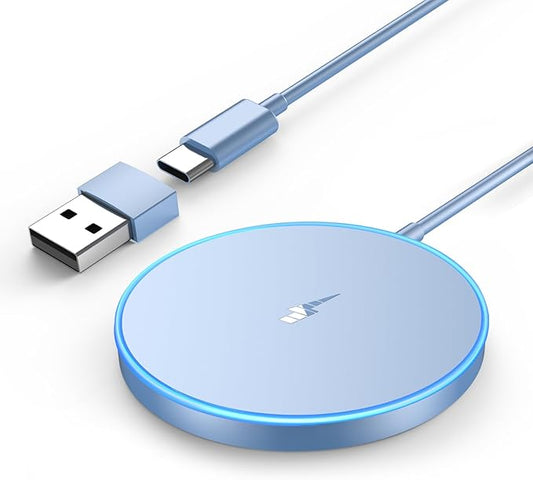 Magnetic Wireless Charger Fast Apple Mag-Safe Charger for iPhone 15 Pro Max/15 Pro/15/15 Plus/14/13/12 Series AirPods 3/2/Pro/Pro 2 LED Magnet Charging Pad with Dual Charging Ports Blue