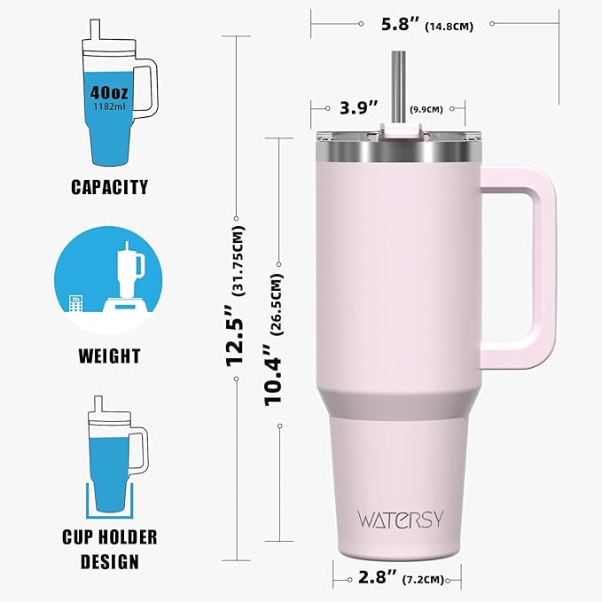 40 oz Tumbler with Handle,Tumbler with Lid and Straw,Double Wall Insulated Cup Stainless Steel Travel Mug(Cold for 34 Hours),Water Bottle for Iced Tea,Coffee,Cold Beverages(Rose Quartz)