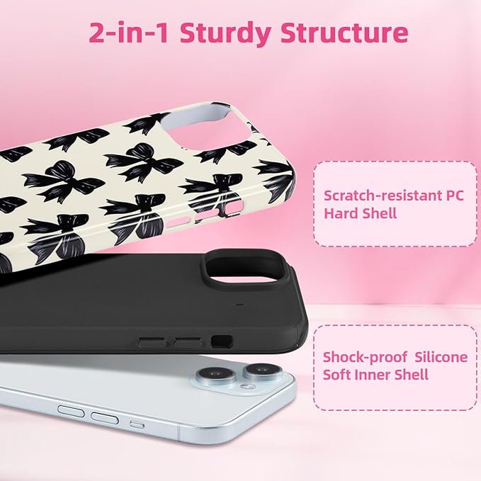 QLTYPRI Case for iPhone 16e, Aesthetic Black Ribbon Bow Phone Case for Girls Women, Protective Hybrid 2-Layer Hard Shell Silicone Cover Durable Shockproof Phone Cover - Beige