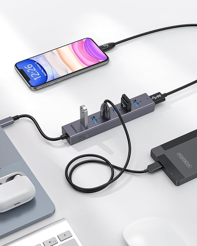 FORIDA USB C to USB Hub, 8 Ports USB 3.0 Adapter with 7 USB 3.0 Data Ports,USB Splitter with USB C 5V/3A Power Port, 9.8N/25CM Main Cable for Laptop PC and More (Dark Gray, 9.8 in)