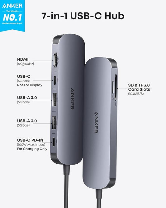 Anker USB C Hub, 7-in-1 Multi-Port USB Adapter for Laptops, 4K@60Hz USB C to HDMI Splitter, 85W Max Power Delivery, 3xUSBA & C 3.0 Data Ports, SD/TF Card, for Type C Devices (Charger Not Included)
