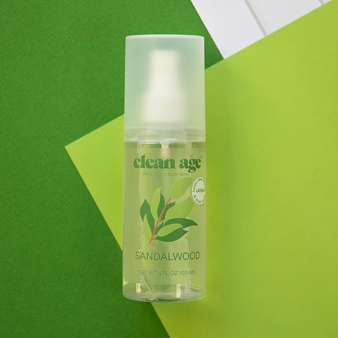 Clean Age- Aluminum Free Deodorant & Body Spray for Whole Body- Sandalwood 4oz- Clean Deodorant and Body Spray for Teen Boys and Girls-With AHA Fights Body Acne-Formula Specific Body Spray for Teens