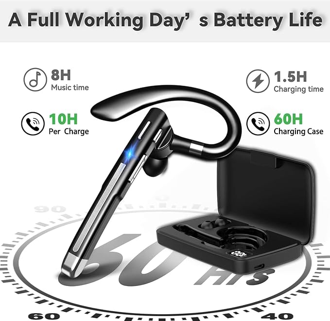 EUQQ Bluetooth Headset, Wireless Earpiece with Microphone 24 Hrs Talk Time Noise-Canceling Driving Headset for Trucker, V5.2 Hand-Free Headphones, Bluetooth Earpiece for Driving/Leisure/Work (Black)
