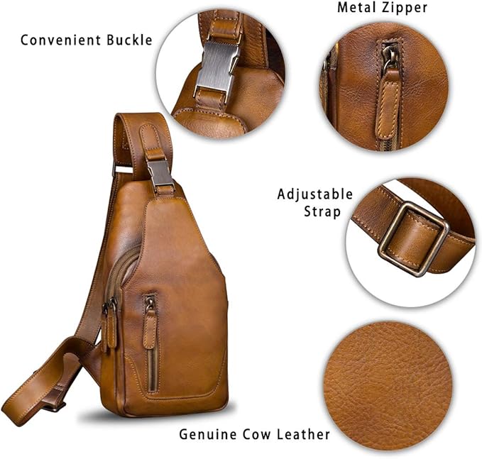 IVTG Genuine Leather Sling Bag for Men and Women Chest Shoulder Crossbody Hiking Backpack Vintage Handmade Daypack