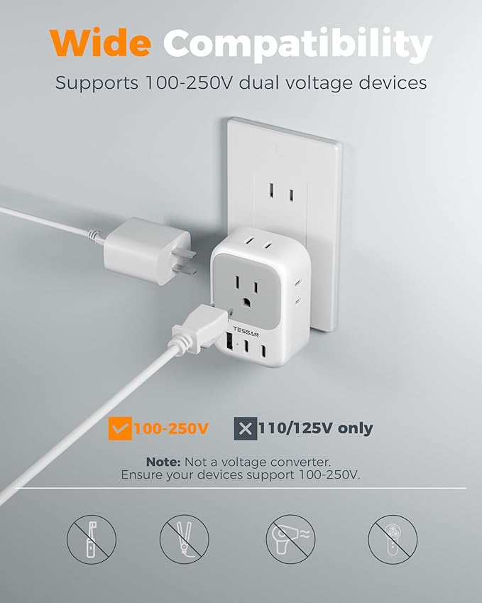 US to Japan Plug Adapter 2 Pack, TESSAN 2 Prong to 3 Prong Outlet Adapter with 4 Outlets 3 USB (2 USB-C), Outlet Adaptor US to Japan China Mexico Philippines Canada Peru Thailand Vietnam