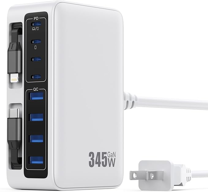 345W USB C Charger Block with 2 Built-in Retractable Cables,10-in-1 GaN IV USB C Charging Station,PD 65W Laptop Charger Power Adapter for MacBook Pro/Air,DELL,iPhone16/15/14,Galaxy S24,Android