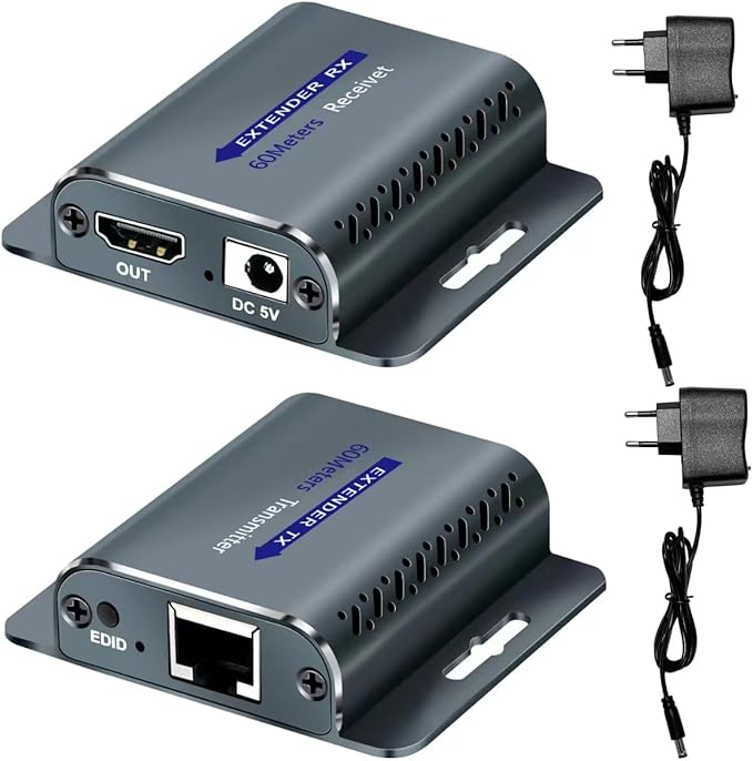 HDMI Extender Over cat6/7 ethernet 60m 1080P@60Hz with POC RJ45 to HDMI Adapter with 5V Power Adapter
