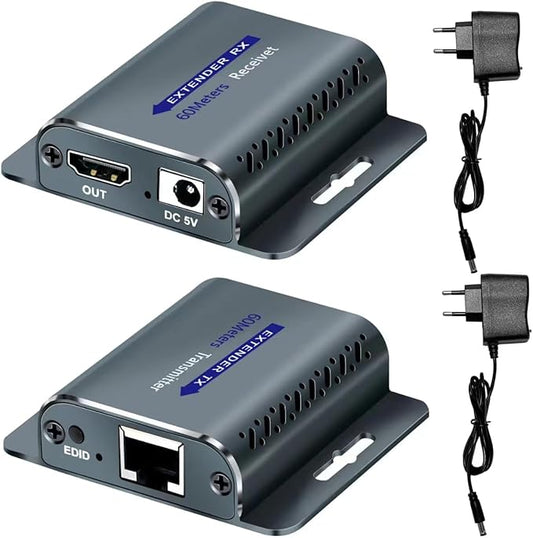 HDMI Extender Over cat6/7 ethernet 60m 1080P@60Hz with POC RJ45 to HDMI Adapter with 5V Power Adapter
