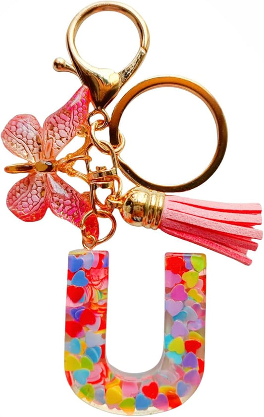 Cute Initial Letter Keychains for Women Girls Tassel Butterfly Pink Purple Green Keychain for Backpack School Bag