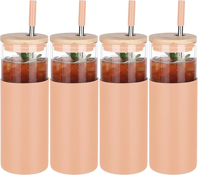 Glass Tumbler w/Lids & Straw:24oz Reusable Mug w/Bamboo Lid,Stainless Steel Straw, BPA-Free, Leak-Proof, Dishwasher Safe for Coffee, Smoothies, Hot Beverages,Travel,Office,Home Use,4-PK,Amber
