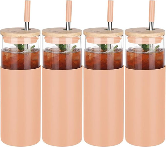 Glass Tumbler w/Lids & Straw:24oz Reusable Mug w/Bamboo Lid,Stainless Steel Straw, BPA-Free, Leak-Proof, Dishwasher Safe for Coffee, Smoothies, Hot Beverages,Travel,Office,Home Use,4-PK,Amber