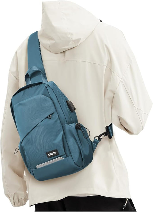 Small Sling Bag for Men Women - Lightweight Crossbody Backpack, Multipurpose Shoulder Bag, Compact Chest Daypack for Travel Hiking Gym Sport with USB Charger Port Peacock Blue