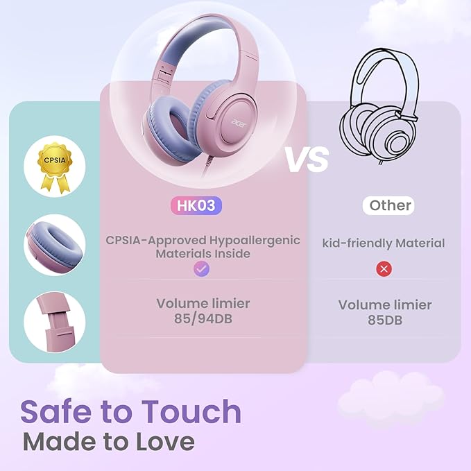 acer Kids Headphones Wired for School - Over-Ear 85/94dB Volume Limiter 3.5mm Jack Foldable Stereo Sound Headset for Toddlers Girls Boys Travel Learning Entertainment Tablet Kindle iPad PC,Pink Purple