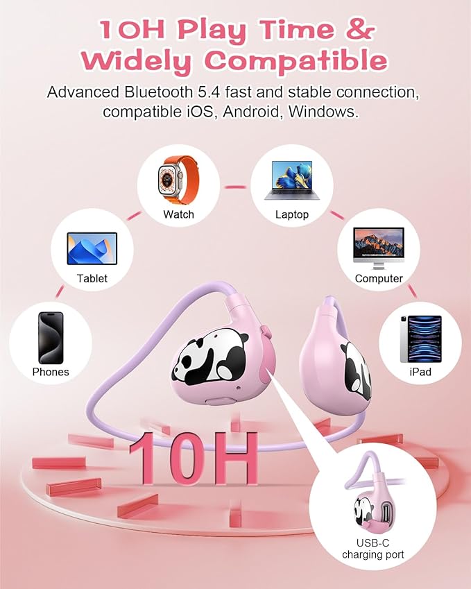 BANIGIPA Kids Headphones, Open Ear Headphones w/Cute Panda, Wireless Bluetooth 5.4 Headset w/Mic for Home School Traveling, 13g Ultra-Light Comfort, Protection Hearing, IPX4 Waterproof, 10H Playtime