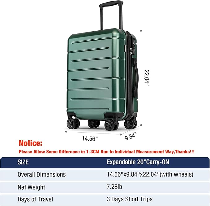 KYME Green Carry On Luggage 22x14x9 Airline Approved Expandable 20 Inch Hardshell Carry On Suitcase with Wheels TSA Lock Small Travel Rolling Luggage with Cup Holder for Men Women