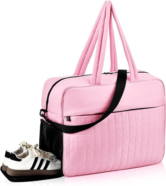Felipe Varela Large Puffy Tote Bag, Gym Bags for Women with Shoe Compartment, Weekender Overnight Lightweight Carry on Puffer Duffle Bag for Travel (Pink,36L)