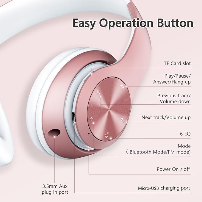 9S Over Ear Bluetooth Headphones, 60 Hours Playtime, Hi-Fi Stereo, Deep Bass, Microphone, Foldable, Rose Gold