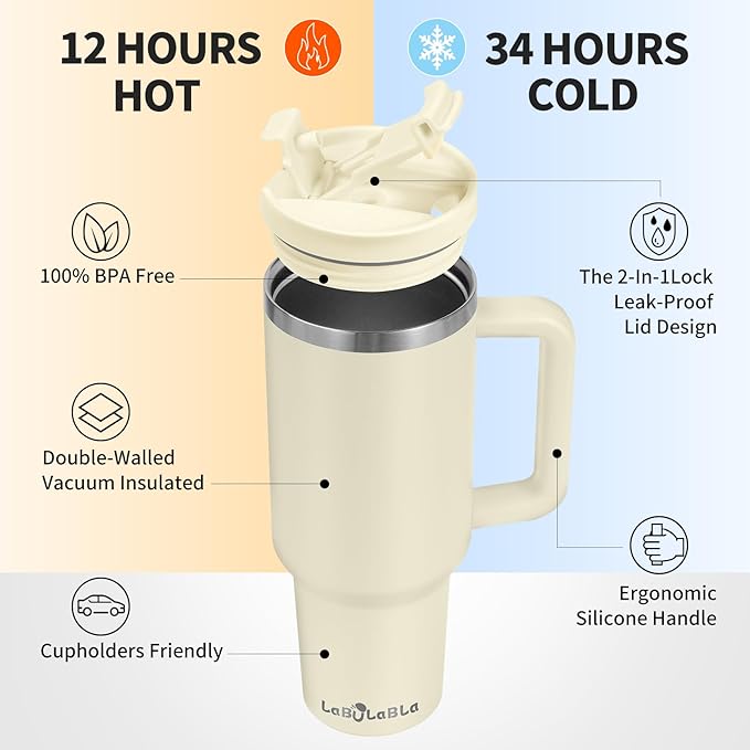 40oz Tumbler with Handle,Double Wall Vacuum Reusable Stainless Steel Insulated Water Bottle,With Leak Proof lid and Straw for Iced or Cold Beverages (Beige)